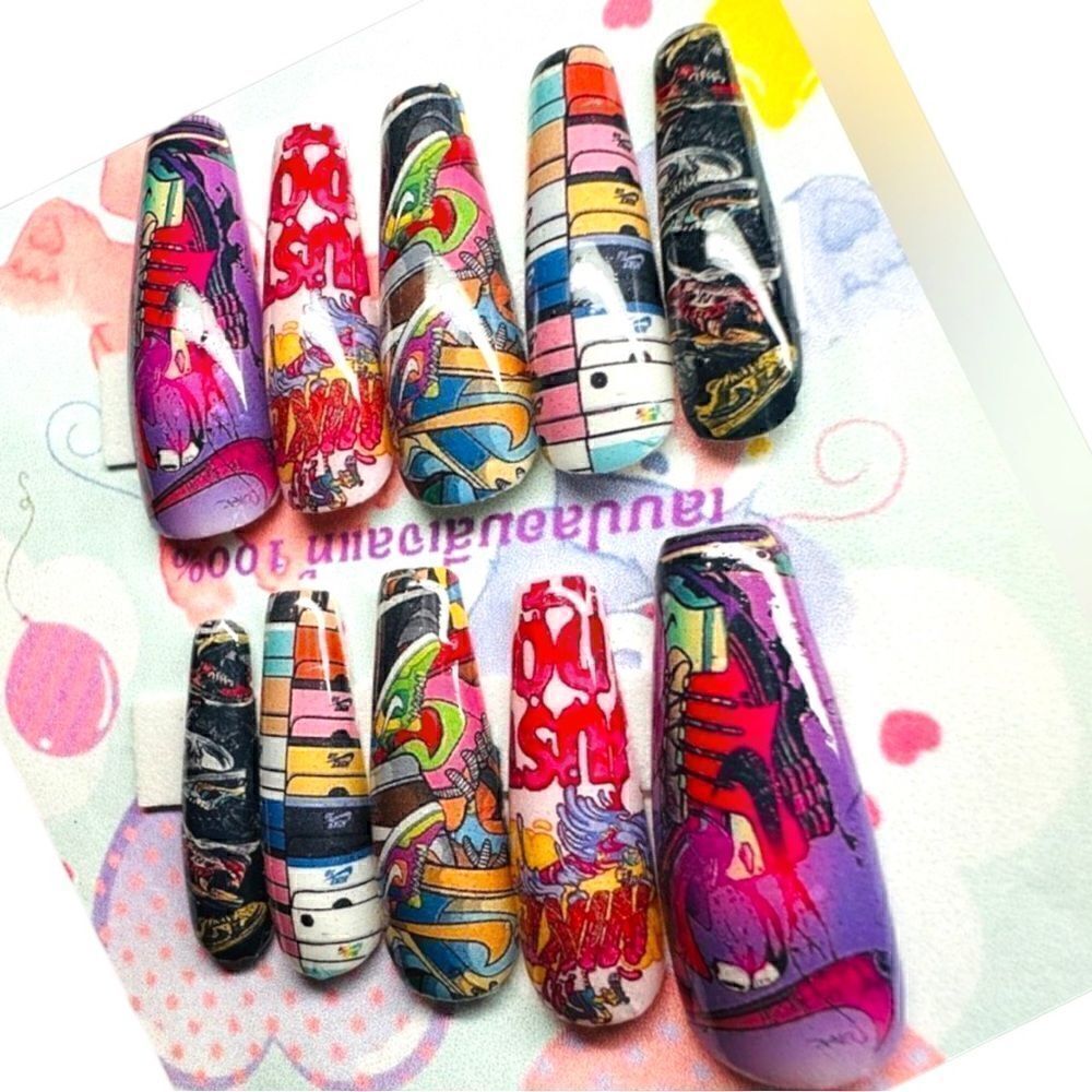 10 Pcs Press On Large Nails/ COLORS print statement shoes. Very colorful